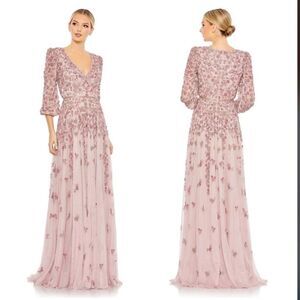 Mac Duggal 5497 Size 14, Floral Beadwork Rose Pink Mesh 3/4 Sleeve Formal Gown